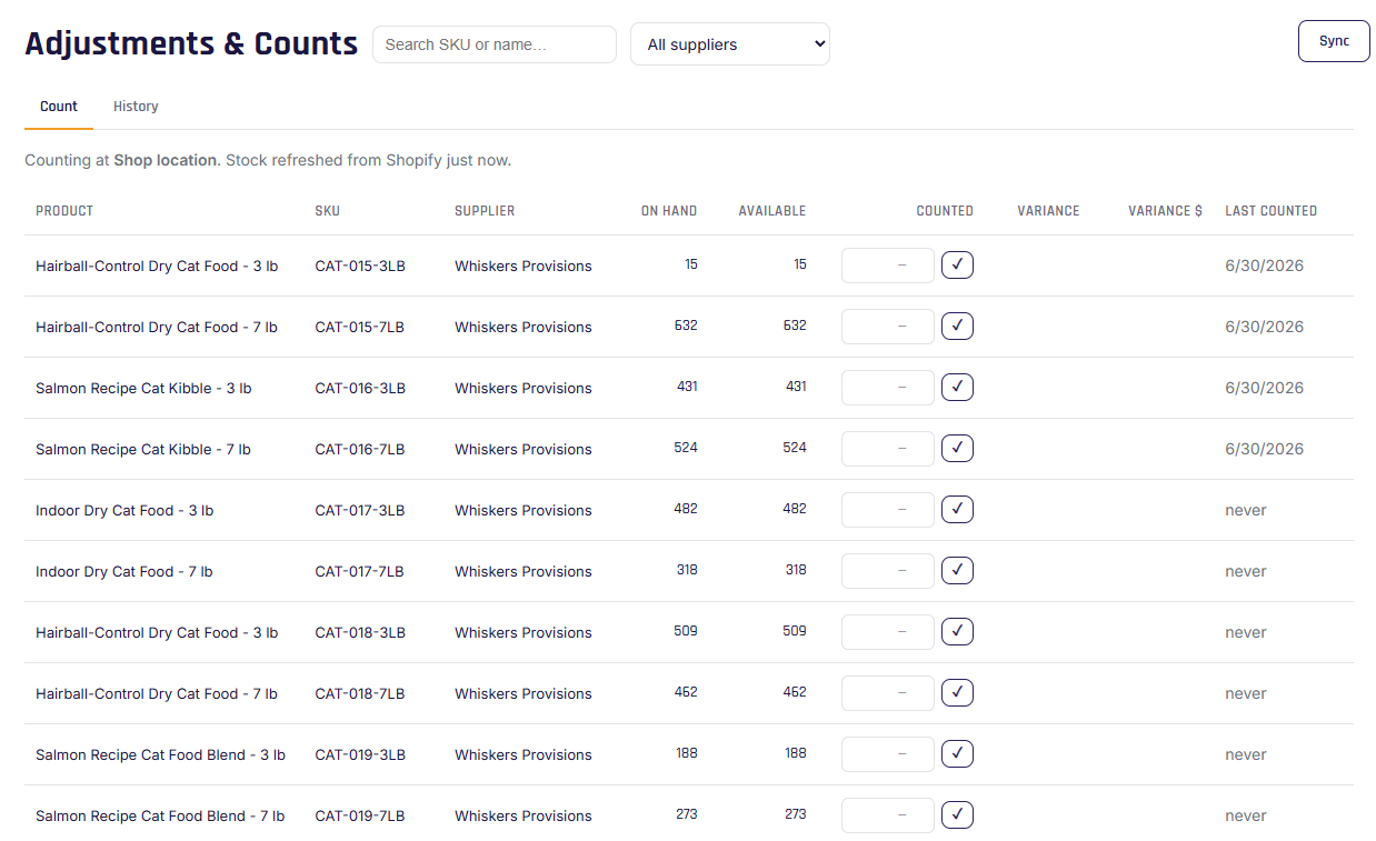 Adjustments and Counts — count grid