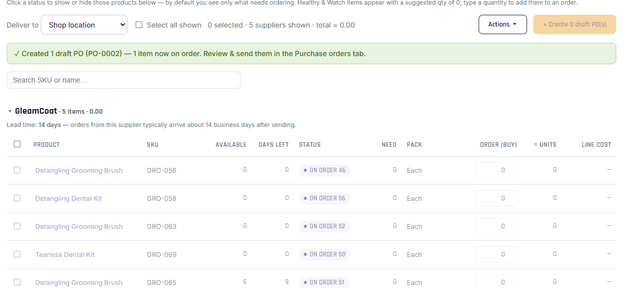 Create draft POs confirmation