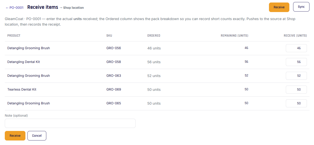 PO receive screen