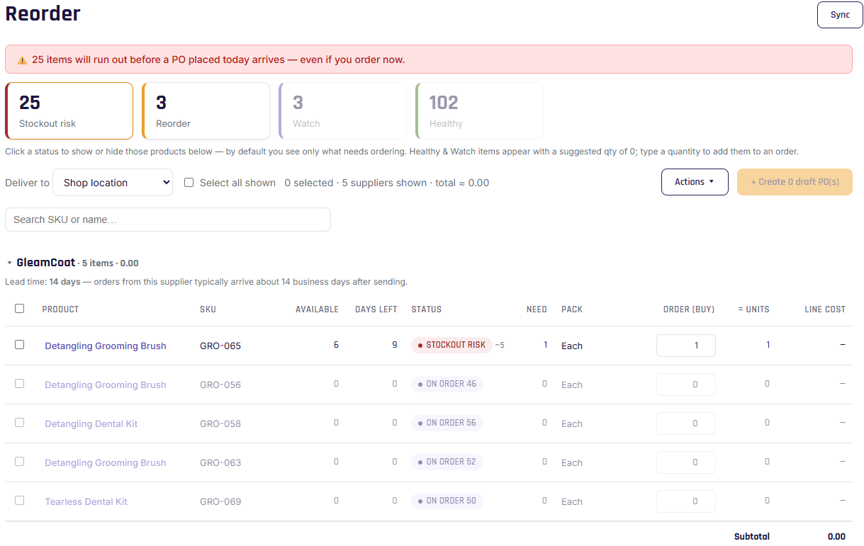 Reorder page grouped by supplier