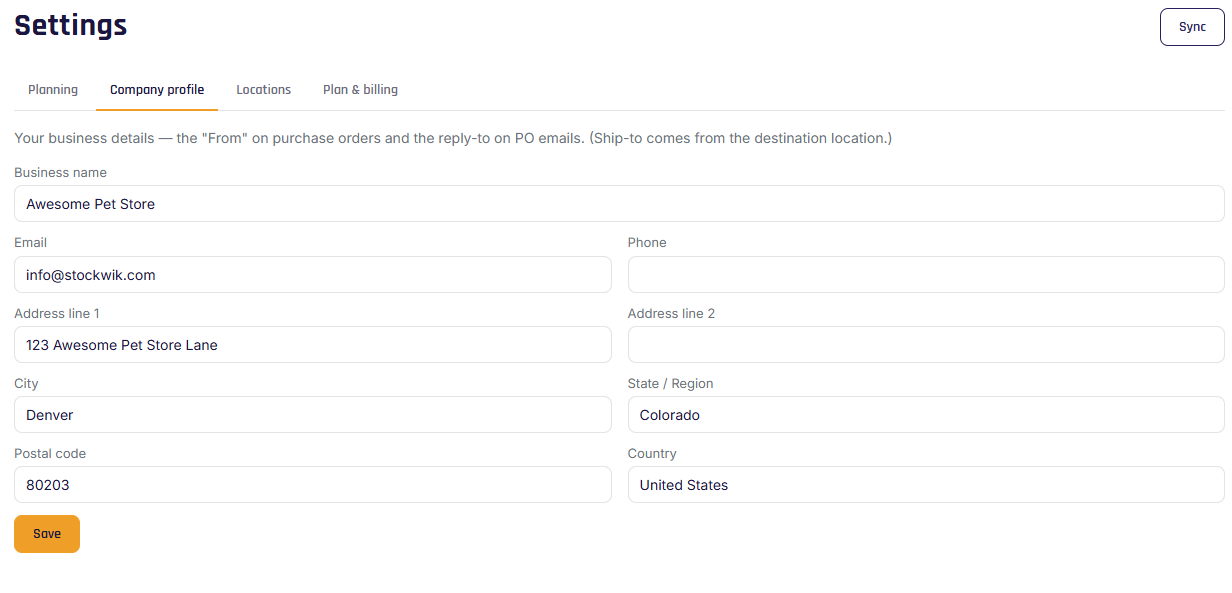 Settings — Company profile